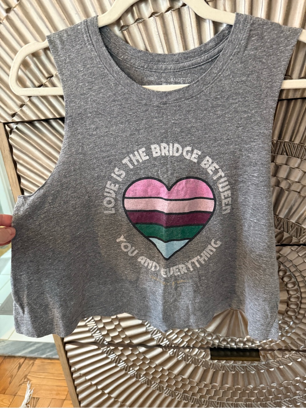 Spiritual Gangster Gray Cropped Muscle Tank with Striped Heart Graphic